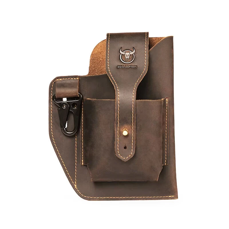 (image for) BULLCAPTAIN Genuine Leather Waist Bag for Men Belt Bag Packs 7inch Cell Phone Purse Waist Bag Wear Buckle Retro Belt Pack